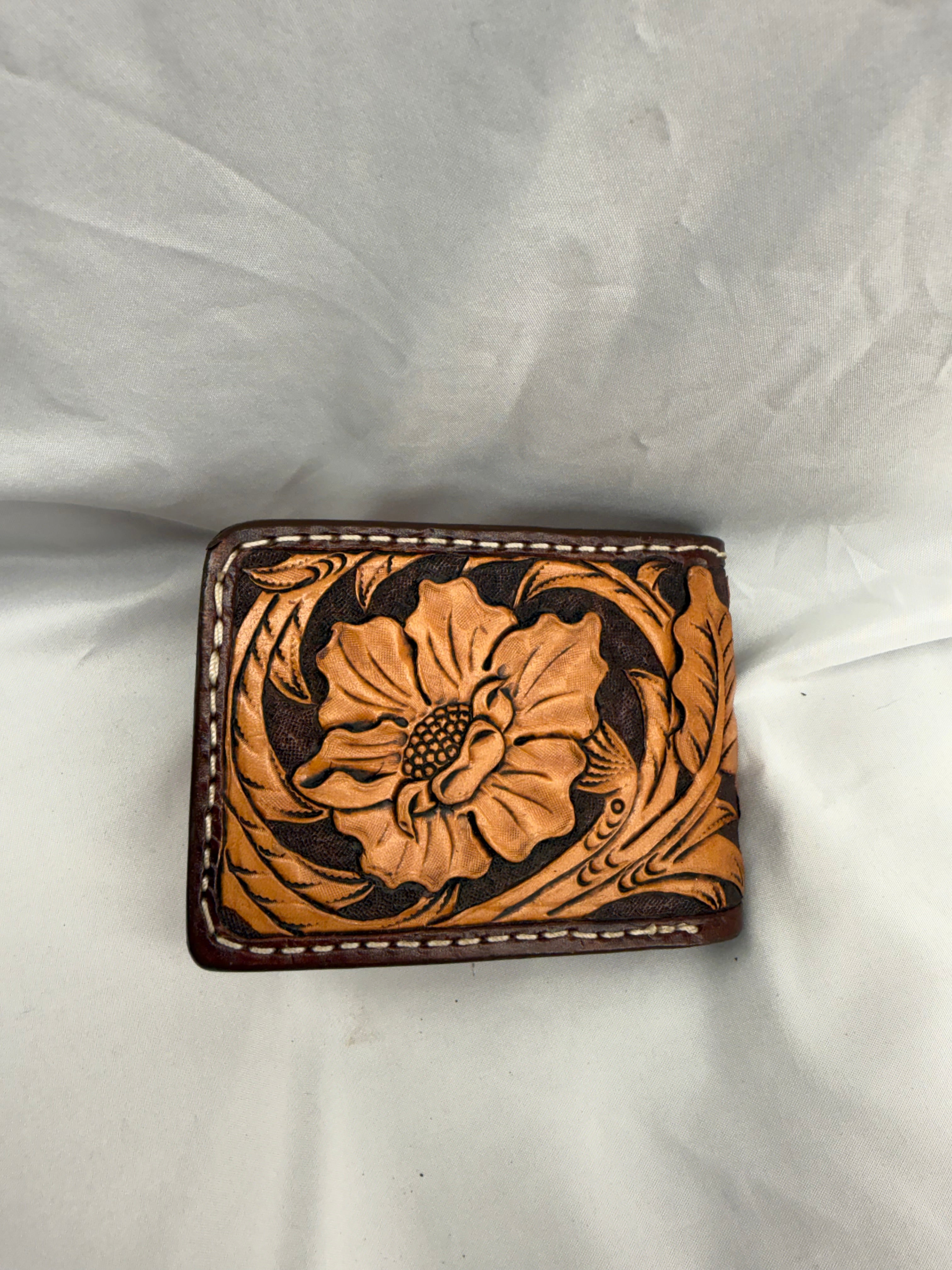 Bifold Leather Wallet Floral two tone brown