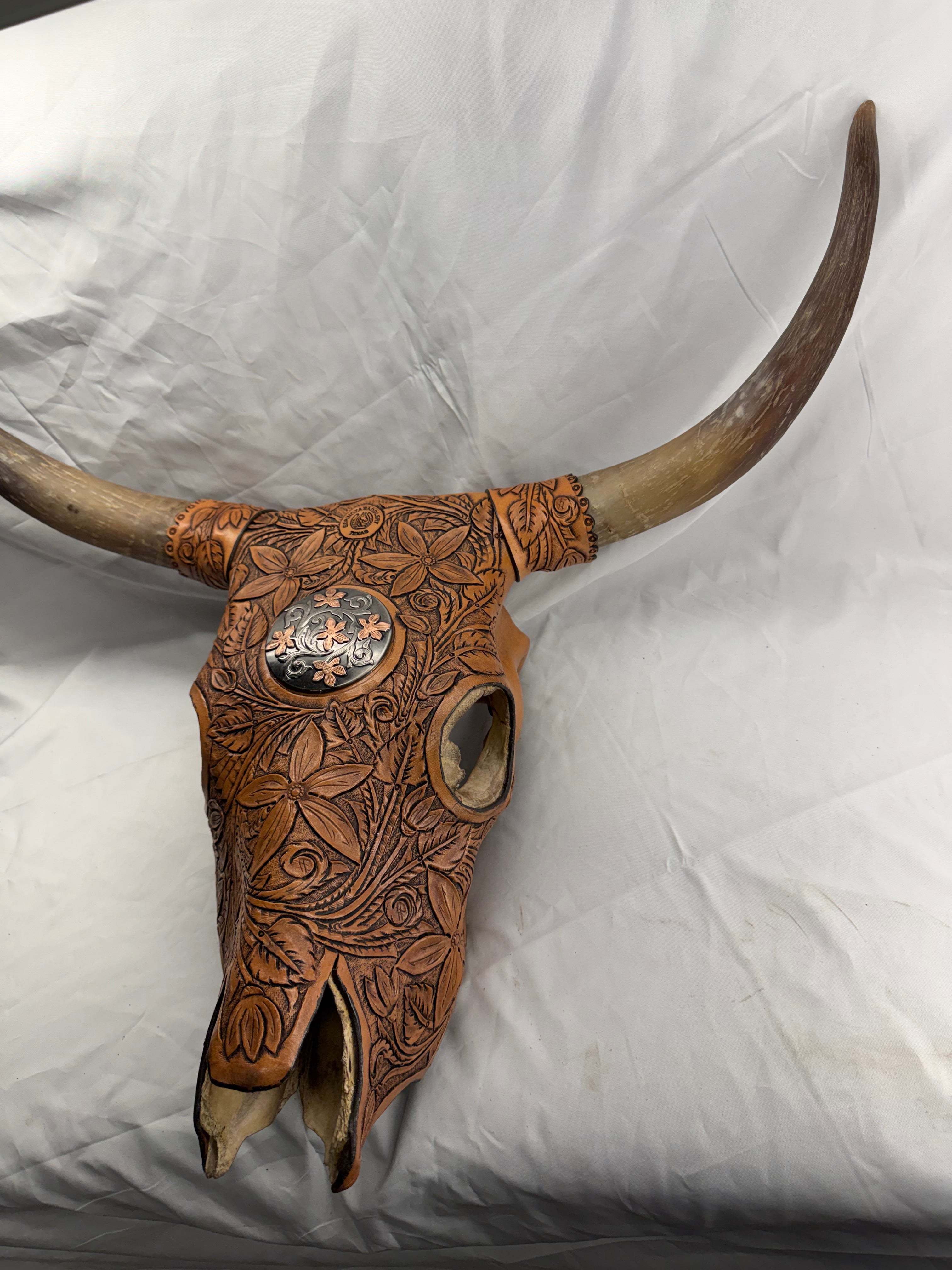 Hand Tooled Leather Covered Cow Skull