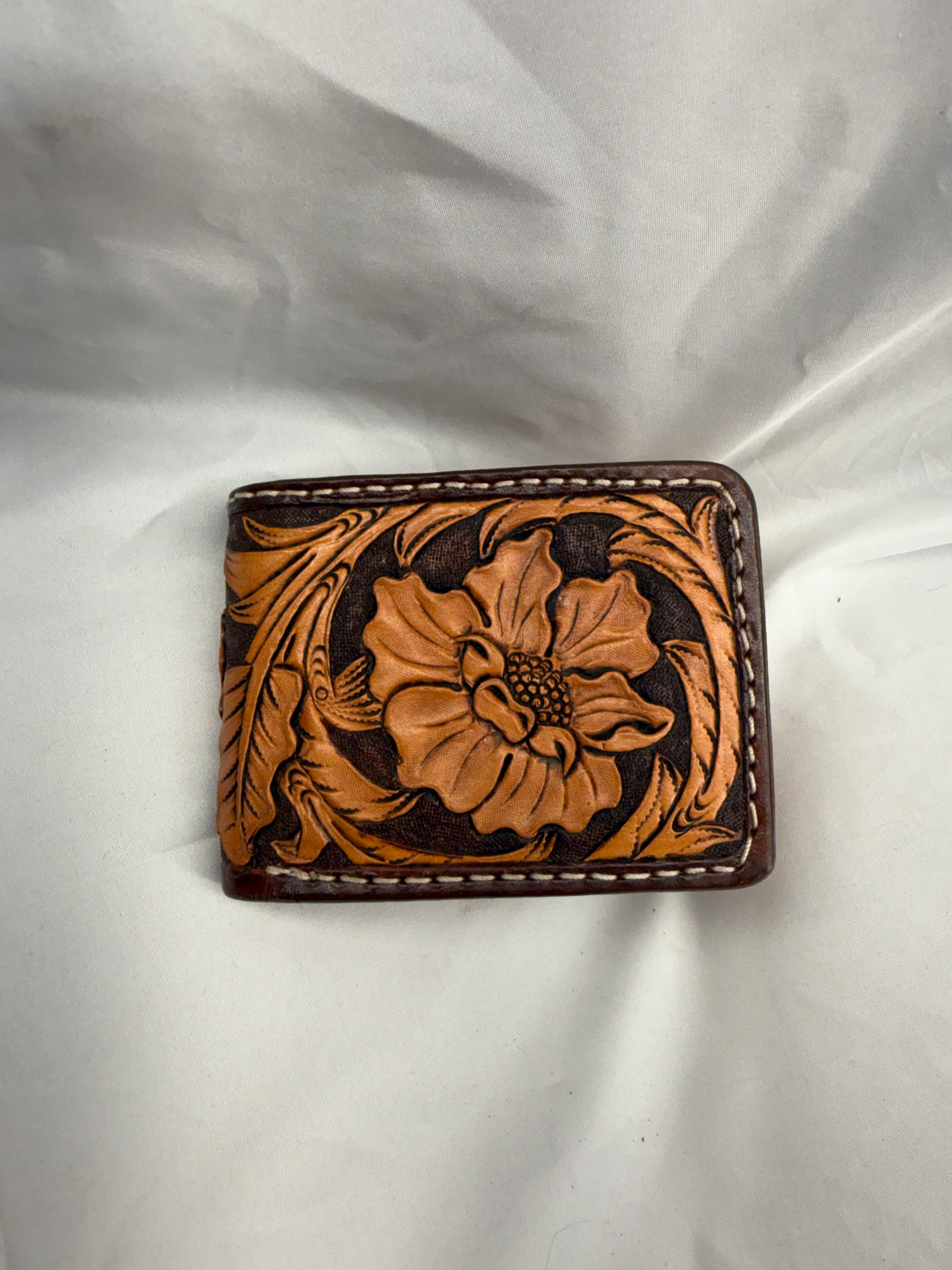 Bifold Leather Wallet Floral two tone brown