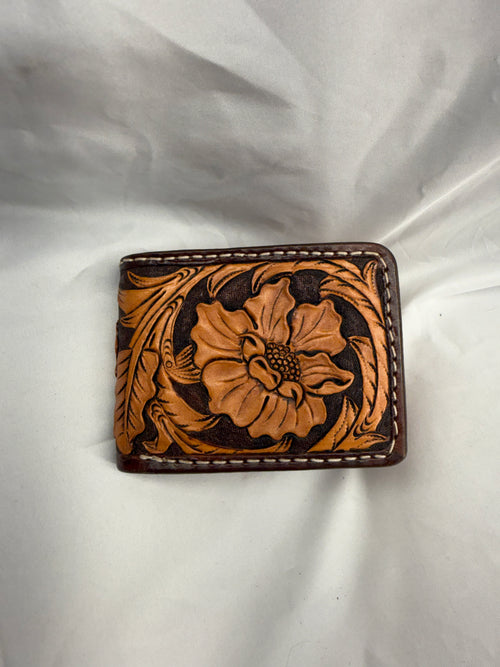 Bifold Leather Wallet Floral two tone brown