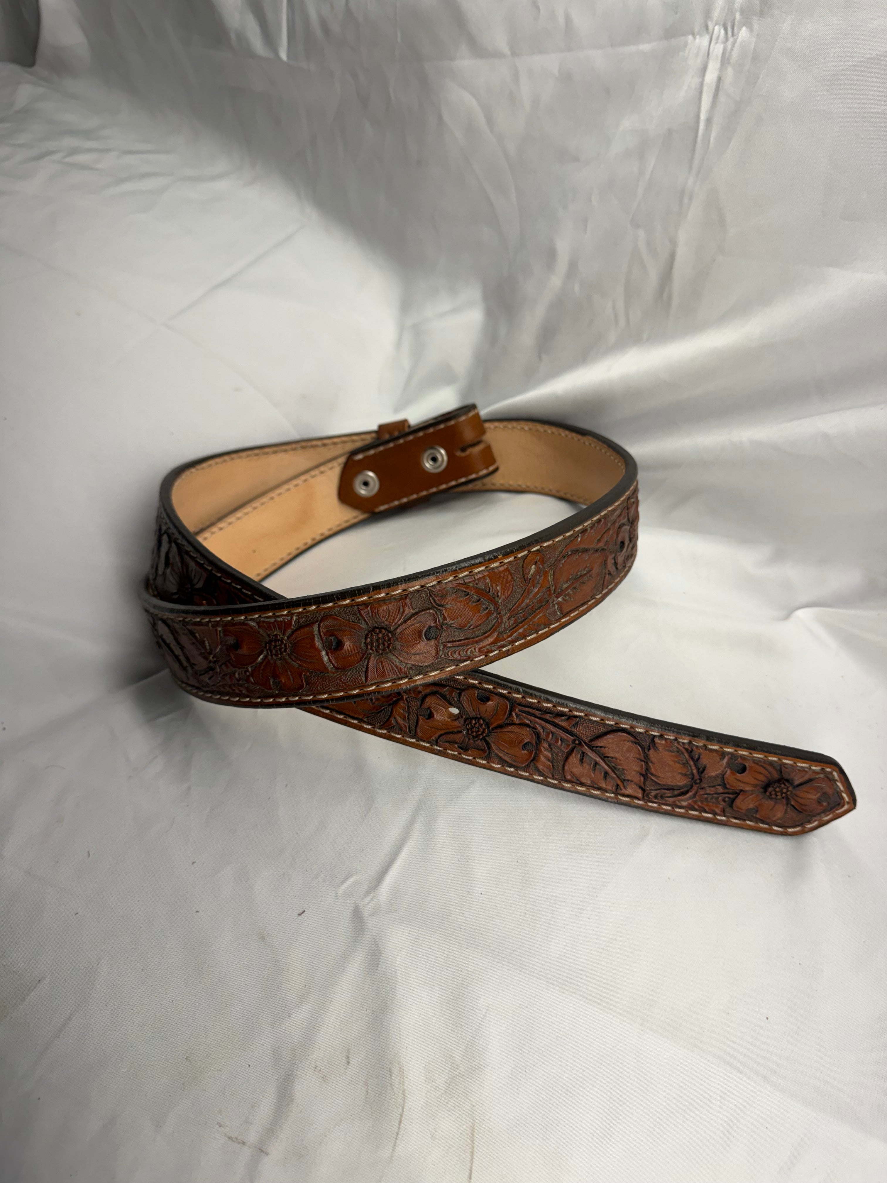 Hand Tooled Leather Belt with Floral Tooling