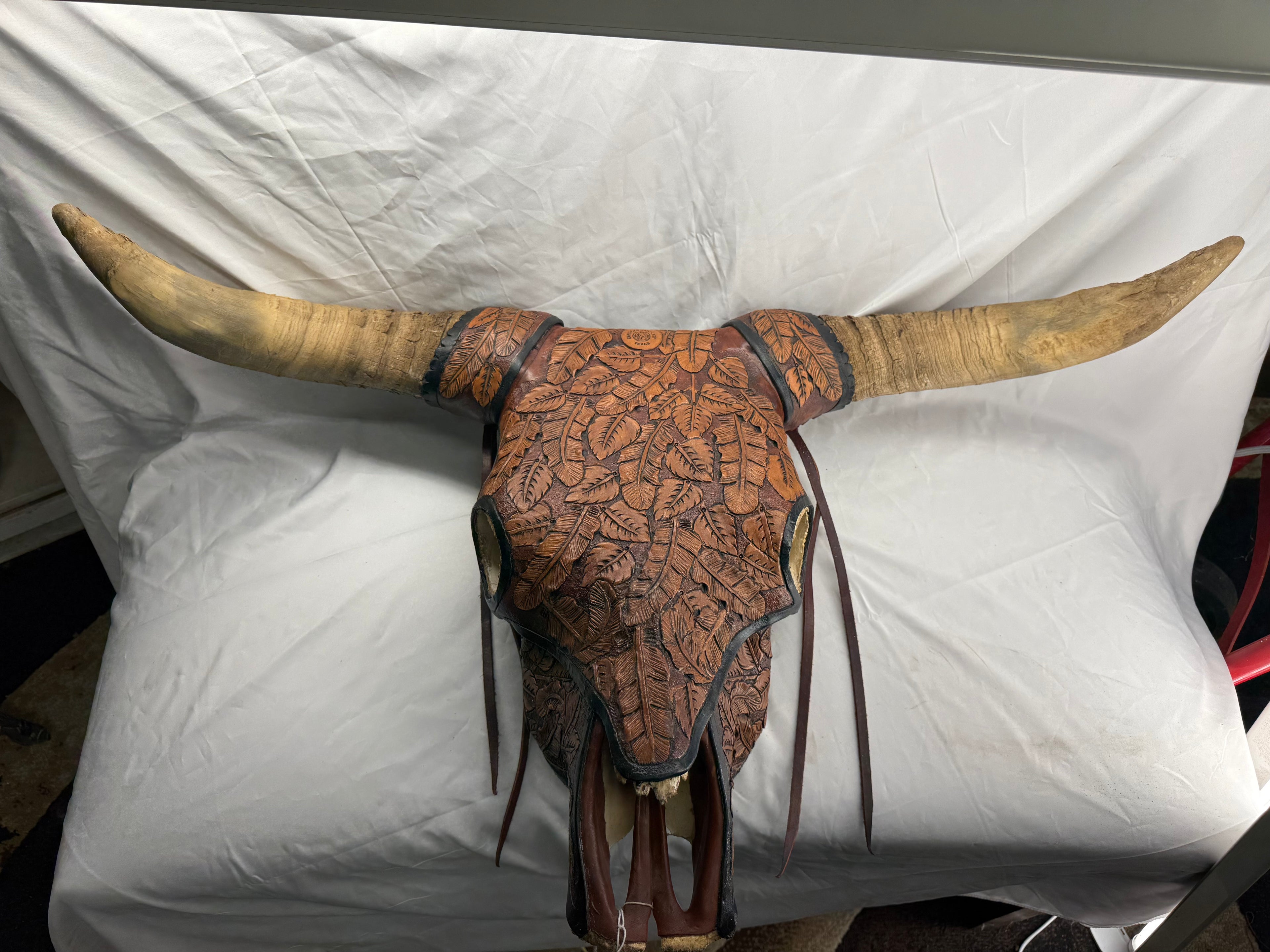 Hand Tooled Leather Covered Bull Skull
