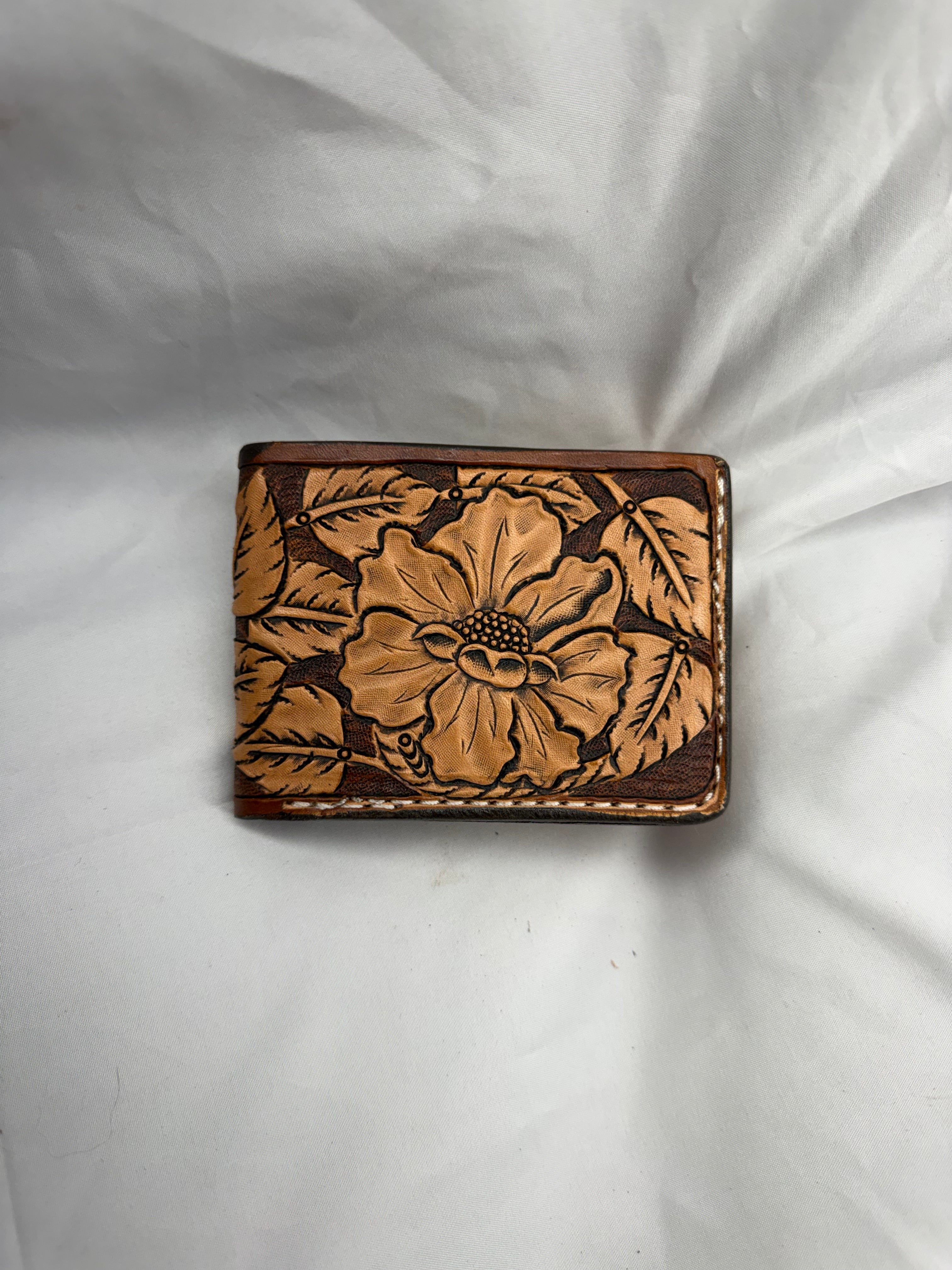 Bifold Leather Wallet Floral Two Tone Brown
