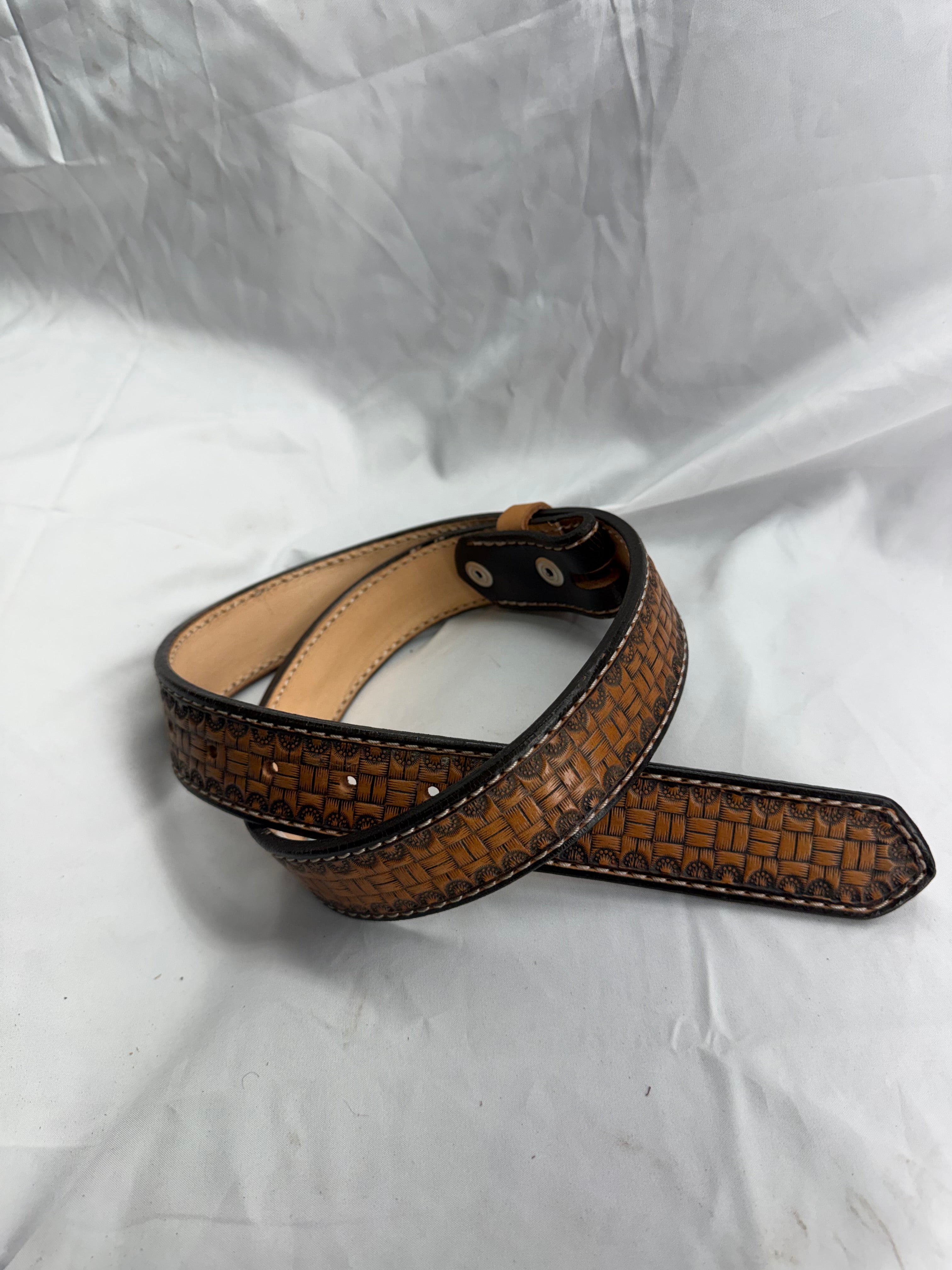 Hand Tooled Leather Belt with Double Basket Weave design