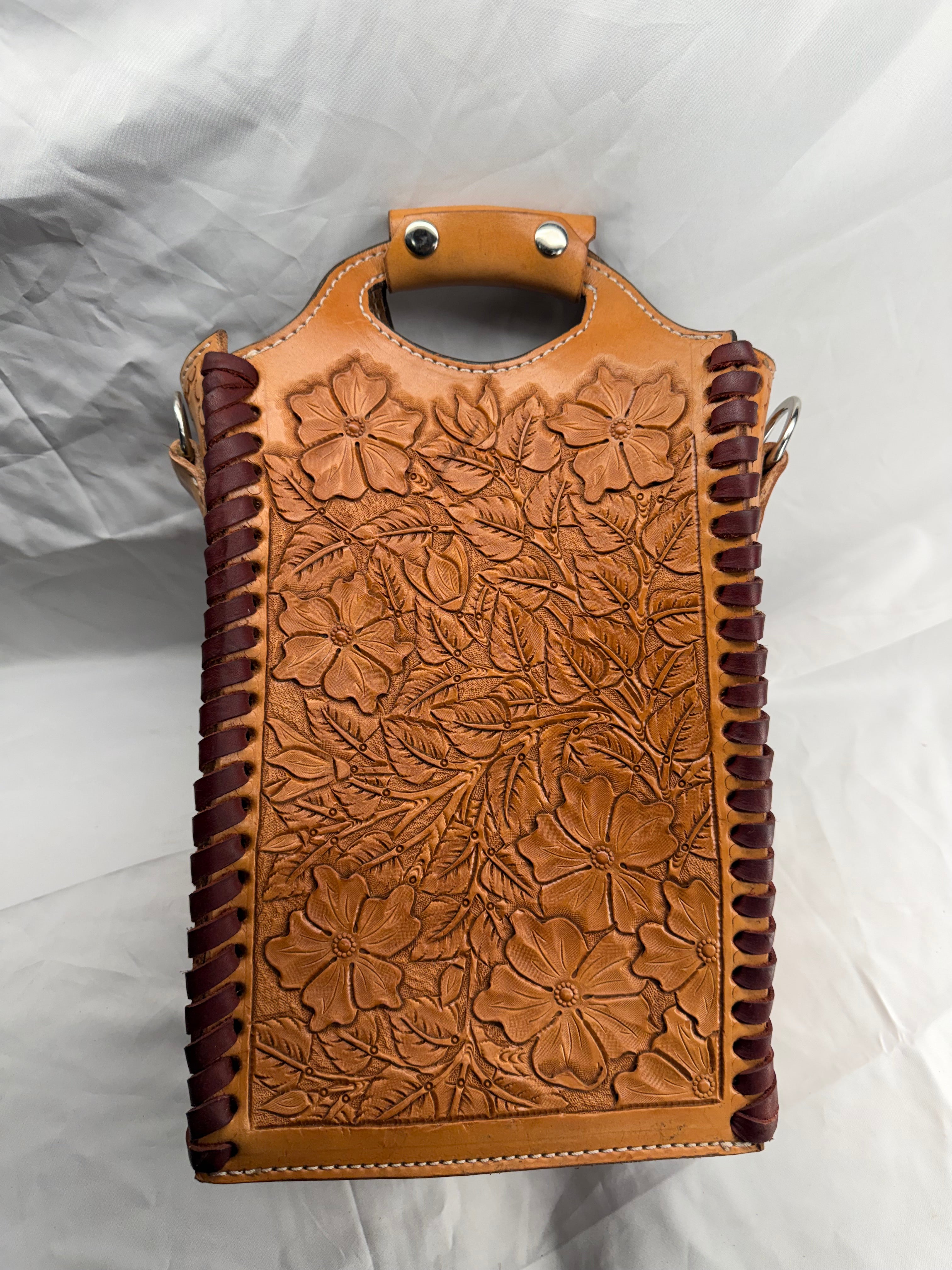 Hand Tooled Two Bottle Leather Wine Tote