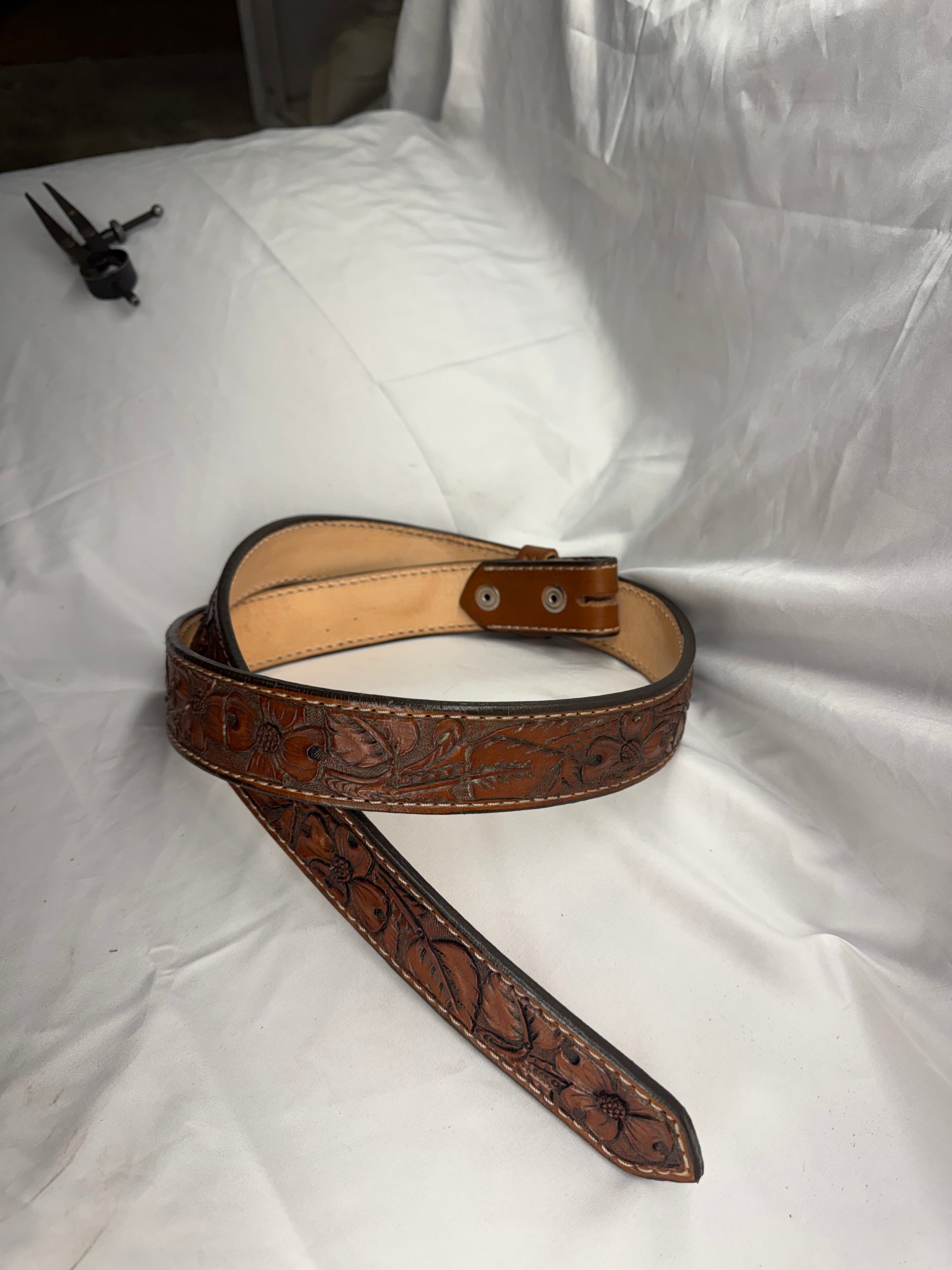 Hand Tooled Leather Belt with Floral Tooling