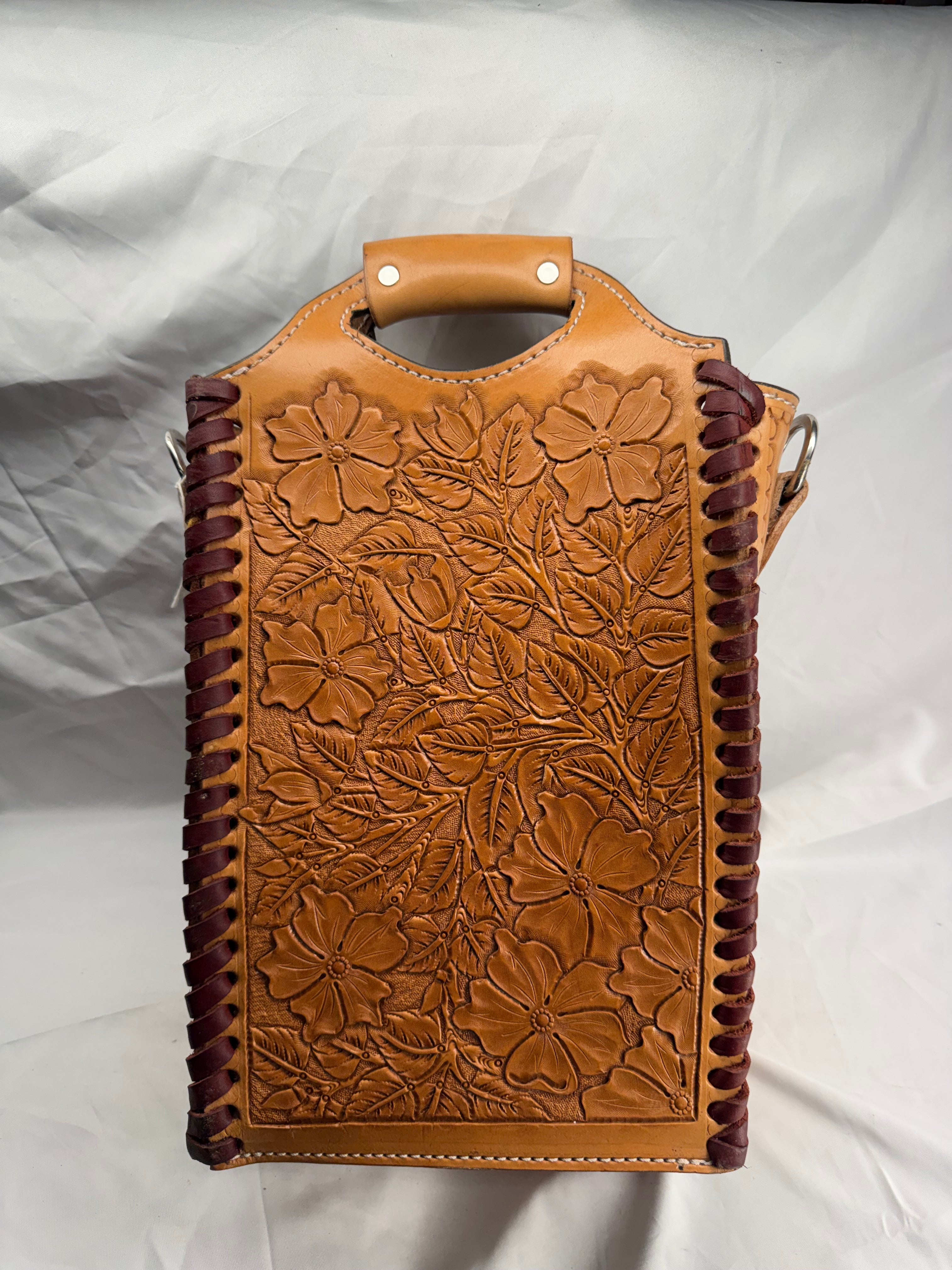 Hand Tooled Two Bottle Leather Wine Tote