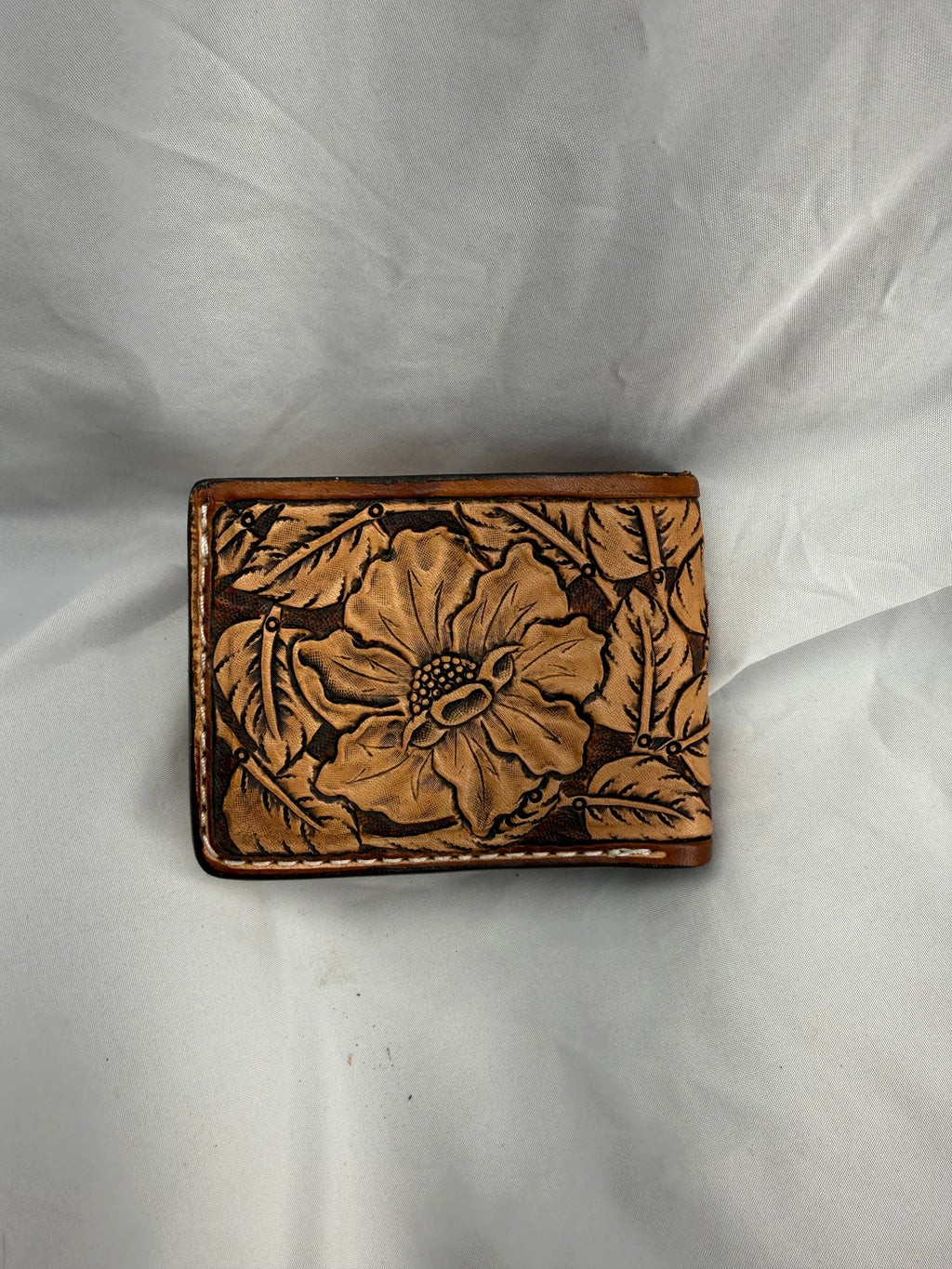 Bifold Leather Wallet Floral Two Tone Brown