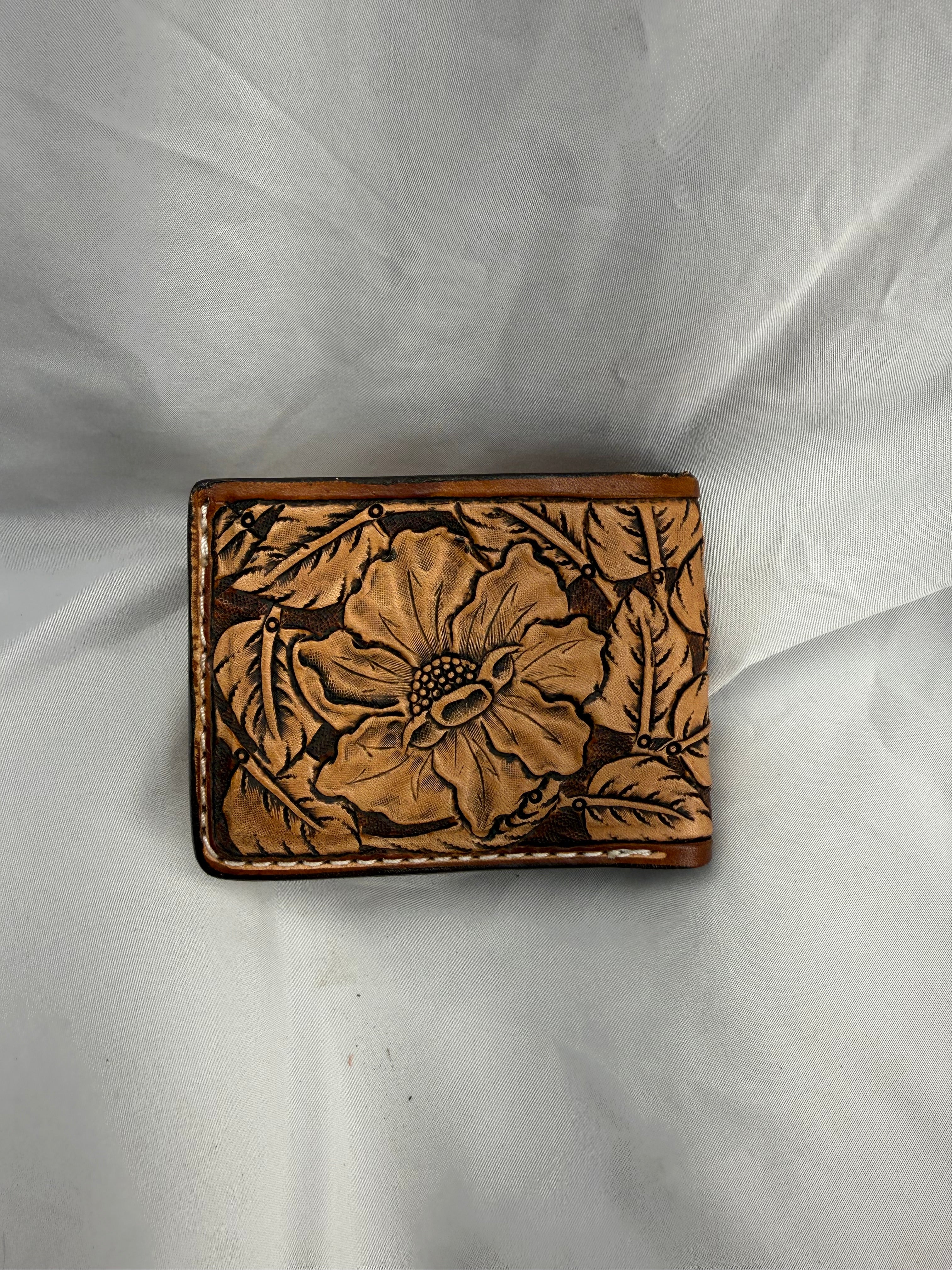 Bifold Leather Wallet Floral Two Tone Brown