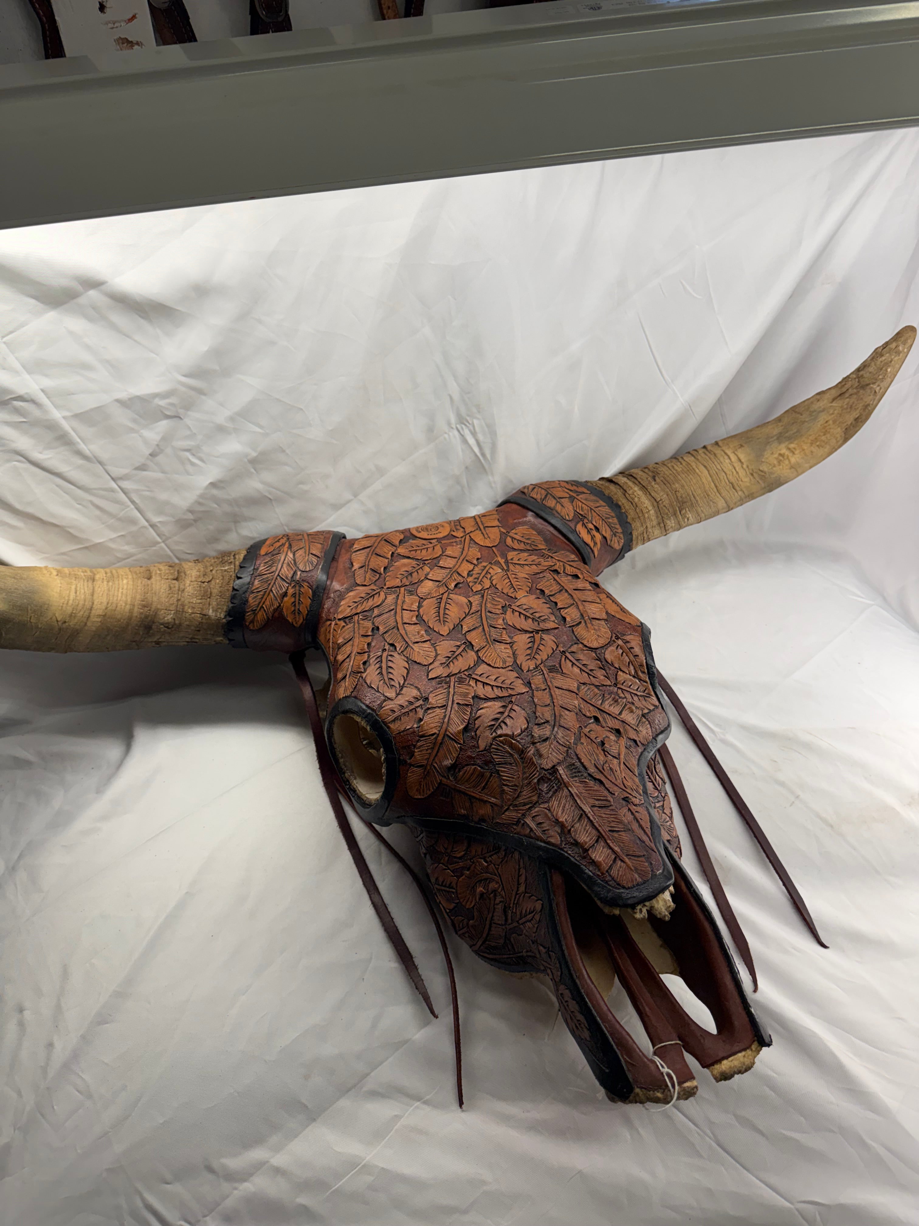Hand Tooled Leather Covered Bull Skull