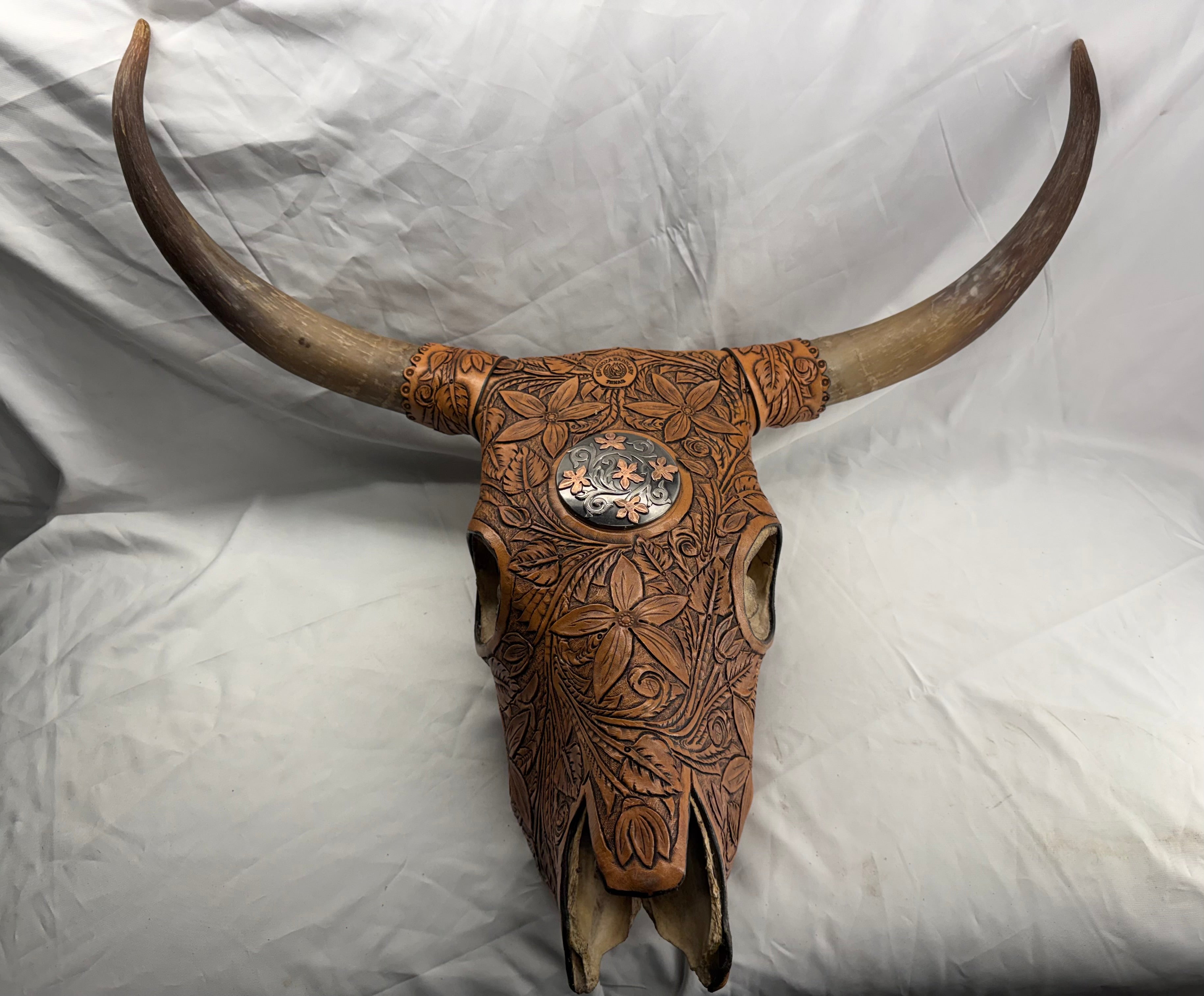 Hand Tooled Leather Covered Cow Skull