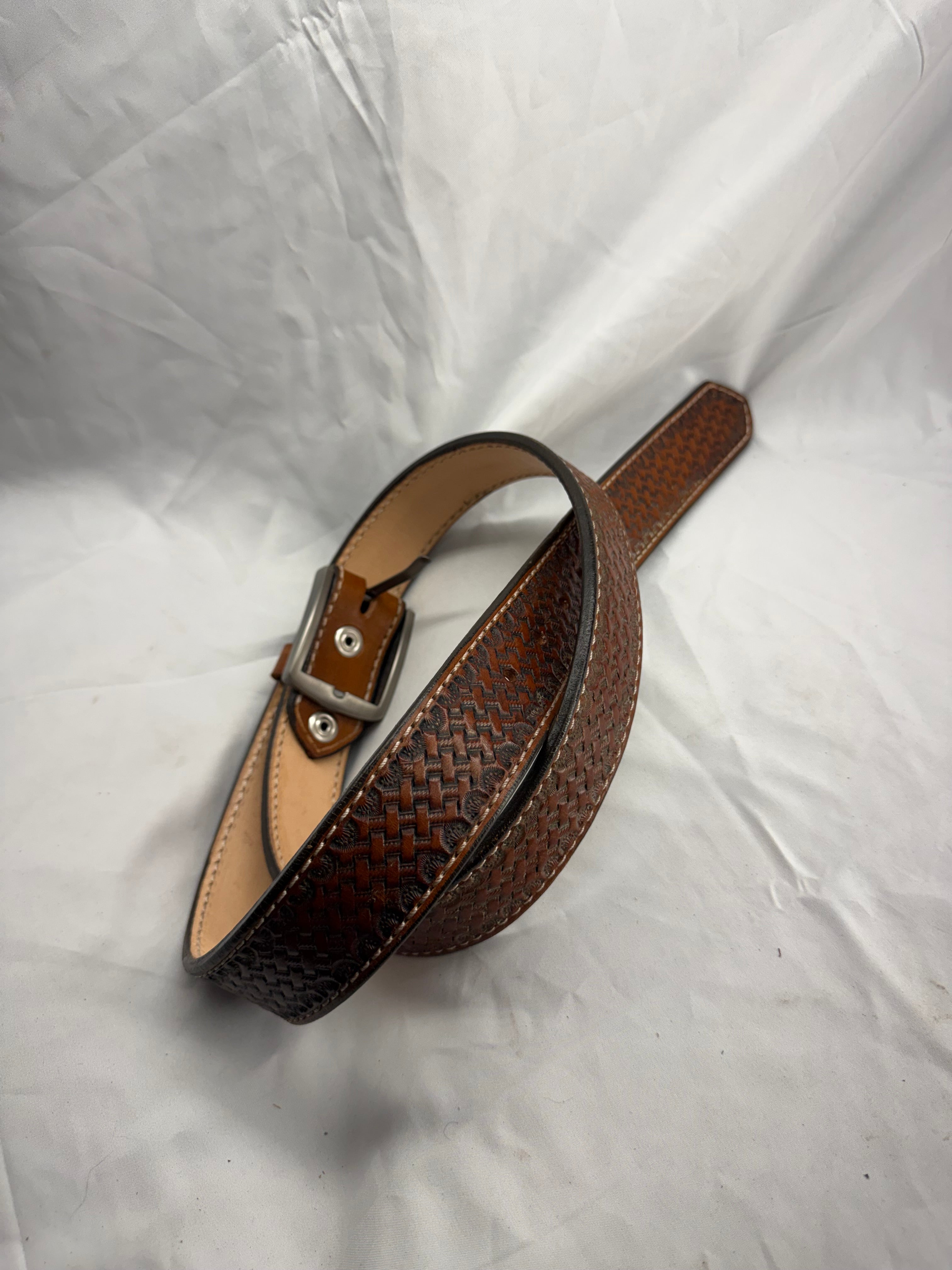 Hand Tooled Leather Belt with Basket weave Design